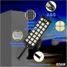 Lampa Stradala EDAR Cu Panou Solar Incorporat, De Exterior, 667 LED COB Cu Lupa , Lumina Neutra, Control Din Telecomanda, Cu ...