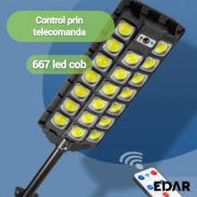 Lampa Stradala EDAR Cu Panou Solar Incorporat, De Exterior, 667 LED COB Cu Lupa , Lumina Neutra, Control Din Telecomanda, Cu ...