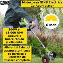 Motocoasa SIKS Electrica Cu Acumulator, Fara Fir, Cu Disc, 2 Acumulatori 48V Inclusi, 18000 RPM, Autonomie Mare, Putere 800W,... Motocoasa SIKS Electrica Cu Acumulator, Fara Fir, Cu Disc, 2 Acumulatori 48V Inclusi, 18000 RPM, Autonomie Mare, Putere 800W,...