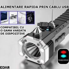 Lanterna Multifunctionala EDAR Cu Ciocan De Siguranta Si Cutter, Prindere Magnetica, Functie De Lampa De Veghe, Reincarcabila...