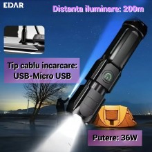 Lanternă cu Luminozitate Reglabilă EDAR, Profesionala, Din Aluminiu, Focalizare Telescopică, Rază De 200 Metri, LED 36W, Rezi...