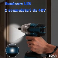 Mașină De Inșurubat Cu Impact EDAR 2 în 1, Cu Bit și Patrat, 2 Acumulatori De 48V, 32 Accesorii, Iluminare LED, Crichet, Vali...