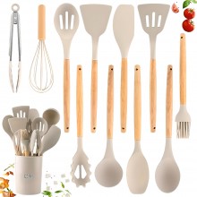 Set Ustensile de Bucătărie Premium SIKS – 12 Piese din Lemn și Silicon Alimentar, Termorezistente, Antiaderente, Cu Suport In...