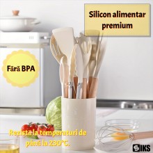 Set Ustensile de Bucătărie Premium SIKS – 12 Piese din Lemn și Silicon Alimentar, Termorezistente, Antiaderente, Cu Suport In...