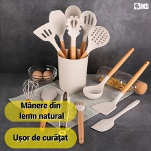Set Ustensile de Bucătărie Premium SIKS – 12 Piese din Lemn și Silicon Alimentar, Termorezistente, Antiaderente, Cu Suport In...