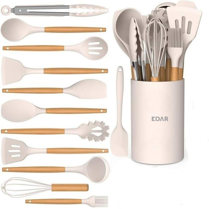 Set De 12 Ustensile Bucatarie Cu Suport EDAR, Din Lemn Natural Si Silicon Alimentar, Antiaderente Si Rezistente La Temperatur...