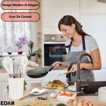 Set De 12 Ustensile Bucatarie Cu Suport EDAR, Din Lemn Natural Si Silicon Alimentar, Antiaderente Si Rezistente La Temperatur...