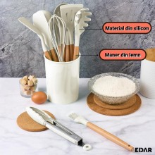 Set De 12 Ustensile Bucatarie Cu Suport EDAR, Din Lemn Natural Si Silicon Alimentar, Antiaderente Si Rezistente La Temperatur...
