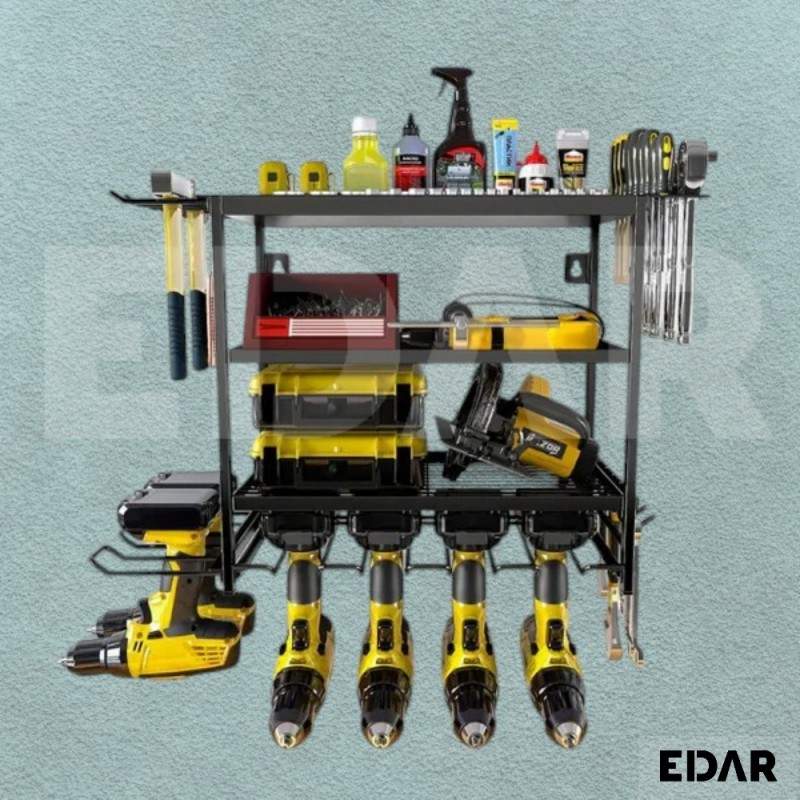 Raft Metalic De Perete EDAR Pentru Depozitarea Bormasinilor, Sculelor Si Uneltelor, Ideal Pentru Garaj Sau Atelier, Cu 4 Comp...
