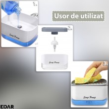 Dispenser Sapun Sau Detergent Vase EDAR, Pentru Baie/Bucatarie, Dozator Cu Recipient Si Suport Burete, Lavabil, Reutilizabil,...
