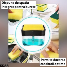 Dispenser Detergent Vase Sau Sapun Lichid EDAR, Pentru Baie/Bucatarie, Dozator Cu Recipient Si Suport Burete, Lavabil, Reutil... Dispenser Detergent Vase Sau Sapun Lichid EDAR, Pentru Baie/Bucatarie, Dozator Cu Recipient Si Suport Burete, Lavabil, Reutil...