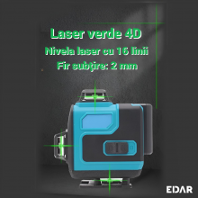 Nivela laser Profesionala 4D EDAR, Cu 16 Linii Verzi, Autonivelare 4x360°, Precizie Milimetrică, Raza 25m, IP54, Cu Trepied, ... Nivela laser Profesionala 4D EDAR, Cu 16 Linii Verzi, Autonivelare 4x360°, Precizie Milimetrică, Raza 25m, IP54, Cu Trepied, ...