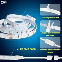 Banda LED RGB 10 Metri SIKS, Led RGB 5050, 600 De Led-uri, Impermeabila, IP65, 10W/m, 4500K, Posibilitate De Taiere, Multicolora