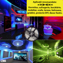 Banda LED RGB 10 Metri SIKS, Led RGB 5050, 600 De Led-uri, Impermeabila, IP65, 10W/m, 4500K, Posibilitate De Taiere, Multicolora