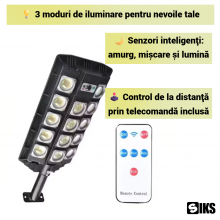 Lampa Solara Stradala SIKS Cu Panou Solar Incorporat, 364 LED SMD, Lumina Neutra, Telecomanda, Senzori de Amurg, Miscare si L...