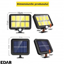 Lampa Solara EDAR De Perete, 160 Led-uri COB, Pentru Interior/Exterior, 3 Moduri De Functionare, Telecomanda, Incarcare Solar...