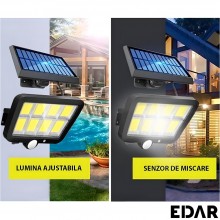 Lampa Solara EDAR De Perete, 160 Led-uri COB, Pentru Interior/Exterior, 3 Moduri De Functionare, Telecomanda, Incarcare Solar...