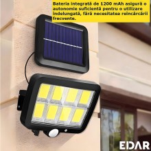Lampa Solara EDAR De Perete, 160 Led-uri COB, Pentru Interior/Exterior, 3 Moduri De Functionare, Telecomanda, Incarcare Solar...