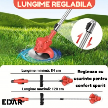Motocoasa EDAR Cu Brat Reglabil, 2 Lame Metalice, 5 Cutite Din Plastic, Disc De Taiere, Acumulator 48V, 18000 RPM, Rosu Motocoasa EDAR Cu Brat Reglabil, 2 Lame Metalice, 5 Cutite Din Plastic, Disc De Taiere, Acumulator 48V, 18000 RPM, Rosu
