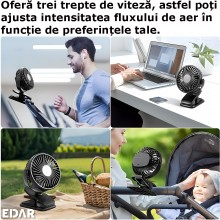 Ventilator Portabil EDAR Cu Clips, USB Reincarcabil, Pentru Birou, Sezlong Sau Carucior, 11 Cm Diametru Și 3 Viteze, Negru Ventilator Portabil EDAR Cu Clips, USB Reincarcabil, Pentru Birou, Sezlong Sau Carucior, 11 Cm Diametru Și 3 Viteze, Negru