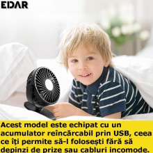 Ventilator Portabil EDAR Cu Clips, USB Reincarcabil, Pentru Birou, Sezlong Sau Carucior, 11 Cm Diametru Și 3 Viteze, Negru Ventilator Portabil EDAR Cu Clips, USB Reincarcabil, Pentru Birou, Sezlong Sau Carucior, 11 Cm Diametru Și 3 Viteze, Negru