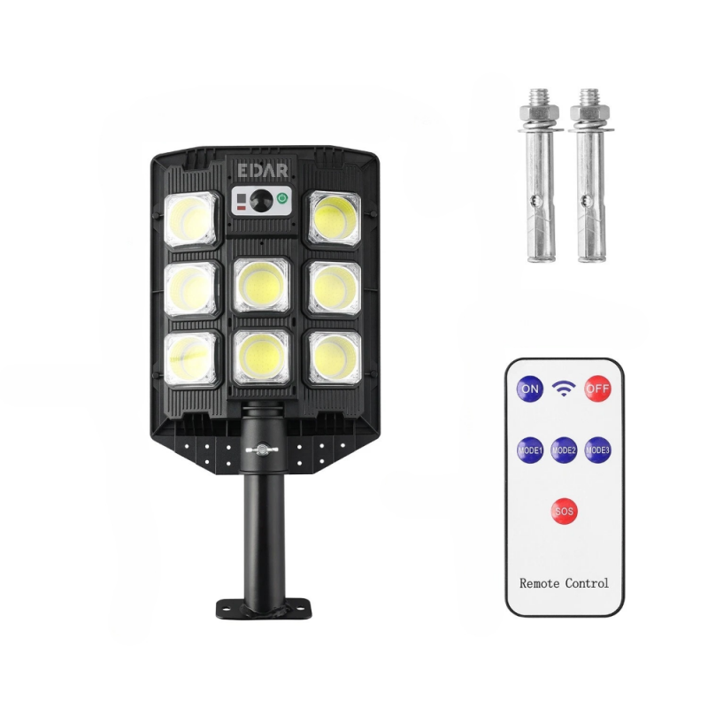 Lampa Solara EDAR Pentru Strada Sau Gradina, Cu Panou Solar Integrat, 8 LED COB, Lumina Neutra, Telecomanda, Senzori De Amurg...