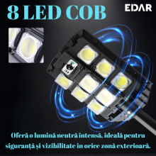 Lampa Solara EDAR Pentru Strada Sau Gradina, Cu Panou Solar Integrat, 8 LED COB, Lumina Neutra, Telecomanda, Senzori De Amurg...
