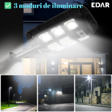 Lampa Solara EDAR Pentru Strada Sau Gradina, Cu Panou Solar Integrat, 8 LED COB, Lumina Neutra, Telecomanda, Senzori De Amurg...