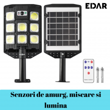 Lampa Solara EDAR Pentru Strada Sau Gradina, Cu Panou Solar Integrat, 8 LED COB, Lumina Neutra, Telecomanda, Senzori De Amurg...