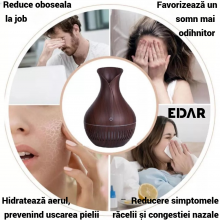 Difuzor De Aromaterapie Si Umidificator EDAR, Ultrasunete, 150 ml, 3W, Incarcare Cablu USB, Aspect Lemn Inchis