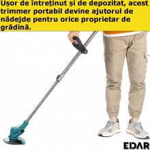 Motocoasa Electrica Cu Acumulator Profesionala EDAR, Pentru Tuns Iarba, Fara Fir Cu 2 Acumulatori Reincarcabili, 21V, Disc Ta...