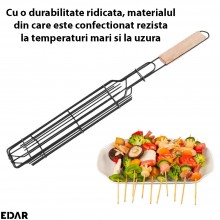 Gratar Mobil EDAR Cu Maner Din Lemn, Pentru Frigarui, Grilaj Metalic, Usor De Manevrat, Portabil, 48 Cm, Negru/Maro