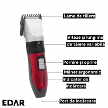 Masina De Tuns Par si Barba EDAR, Acumulator Reincarcabil, Lame Otel Inoxidabil, Taiere Reglabilă, Rosu/Negru
