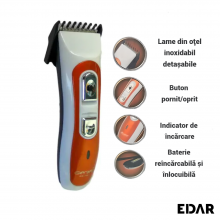 Masina De Tuns Par Si Barba EDAR, Lame Inox Detasabile, Acumulator Reincarcabil, Indicator Incarcare, Portocaliu/Alb Masina De Tuns Par Si Barba EDAR, Lame Inox Detasabile, Acumulator Reincarcabil, Indicator Incarcare, Portocaliu/Alb