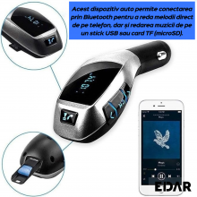 X6 Modulator FM Auto EDAR Cu Bluetooth Si Incarcare USB, Apeluri Hands-Free, Card TF, 1000mA