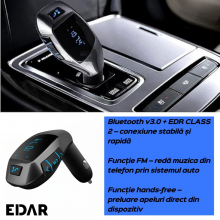 Modulator FM Auto X5 Wireless Car Kit EDAR, Bluetooth v3.0+EDR, Încărcare USB, Afișaj LED, Hands-Free, Negru Modulator FM Auto X5 Wireless Car Kit EDAR, Bluetooth v3.0+EDR, Încărcare USB, Afișaj LED, Hands-Free, Negru