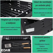 Gratar Portabil EDAR, Din Metal, Cu Ustensile Incluse Si Picioare Pliabile, 44x27x22 cm, Negru