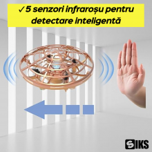 Mini Drona OZN SIKS, Model Disc Zburator Interactiv, Cu 5 Senzori Infrarosu, Lumina Led, Control Gestual, Incarcare USB, Auriu