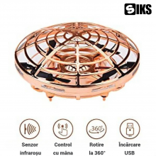 Mini Drona OZN SIKS, Model Disc Zburator Interactiv, Cu 5 Senzori Infrarosu, Lumina Led, Control Gestual, Incarcare USB, Auriu