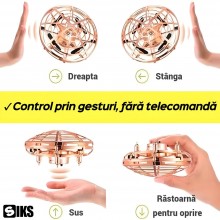 Mini Drona OZN SIKS, Model Disc Zburator Interactiv, Cu 5 Senzori Infrarosu, Lumina Led, Control Gestual, Incarcare USB, Auriu
