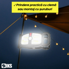 Lampa Solara SIKS Portabila De Exterior Cu Incarcare Solara Si Incarcare USB, Prindere Tip Clema Sau Cu Suruburi, Senzor De M...