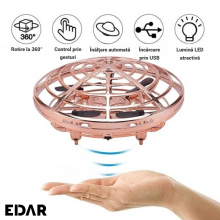 Disc Zburator Interactiv EDAR, Mini Drona OZN, Cu 5 Senzori Infrarosu, Lumina Led, Control Prin Gesticule, Incarcare USB, Auriu