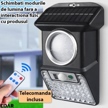 Lampa Solara De Perete EDAR pentru Exterior, cu Iluminare Alba si Colorata, 43 LED-uri Albe, 8 Rosii, 8 Albastre, Senzor de M...