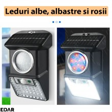 Lampa Solara De Perete EDAR pentru Exterior, cu Iluminare Alba si Colorata, 43 LED-uri Albe, 8 Rosii, 8 Albastre, Senzor de M...