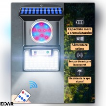 Lampa Solara De Perete EDAR pentru Exterior, cu Iluminare Alba si Colorata, 43 LED-uri Albe, 8 Rosii, 8 Albastre, Senzor de M...