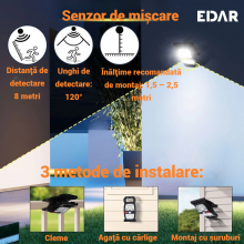 Lampa Solara De Exterior EDAR, Portabila, Cu Senzor Miscare, Incarcare Dubla USB + Solara, 3 Trepte Intensitate, Prindere Uni...
