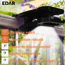 Lampa Solara De Exterior EDAR, Portabila, Cu Senzor Miscare, Incarcare Dubla USB + Solara, 3 Trepte Intensitate, Prindere Uni...