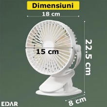 Ventilator Portabil EDAR, Cu Clips, 3 Nivele De Intensitate, Pentru Birou/Carucior/Camping Rotire 720 grade, 5 V, Autonomie 3...
