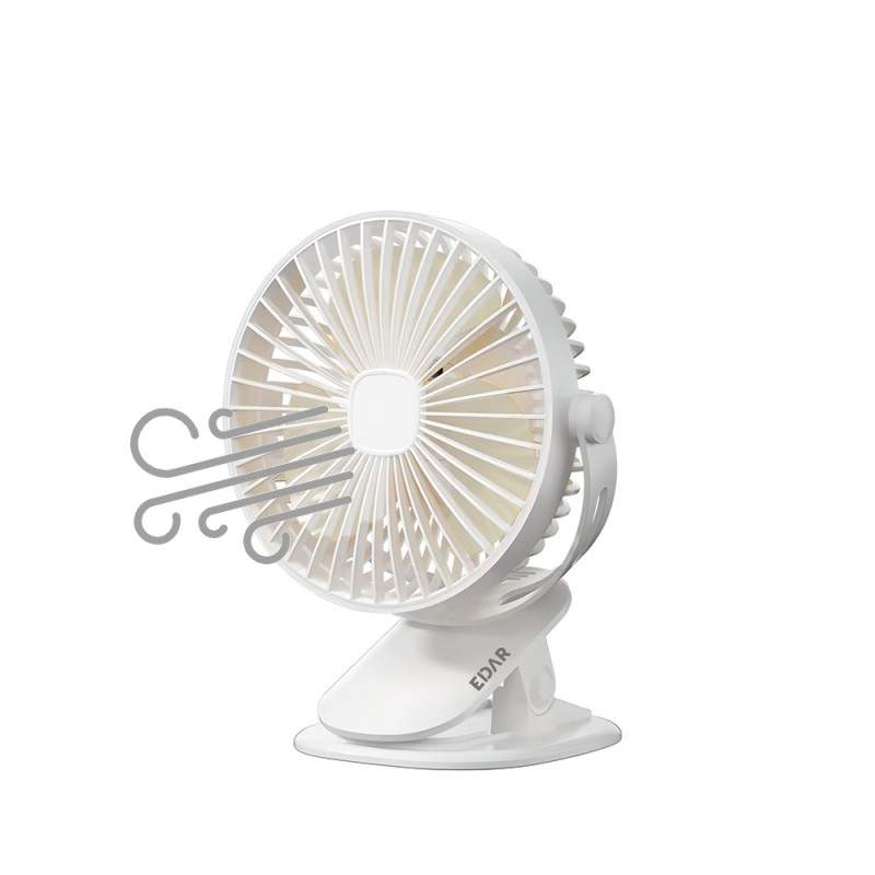 Ventilator Portabil EDAR, Cu Clips, 3 Nivele De Intensitate, Pentru Birou/Carucior/Camping Rotire 720 grade, 5 V, Autonomie 3...