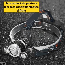 Lanterna Frontala De Cap Cu LED SIKS Cu Acumulator, 3 LED-uri Puternice, Pentru Pescuit, Vanatoare, Atelier, 5000 lumeni, 3 M...